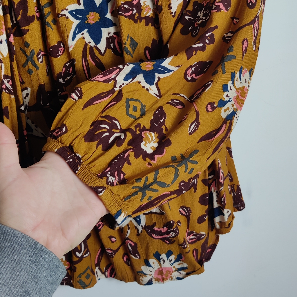 Sonoma Square Neckline Mustard Yellow Floral Long Sleeve Rayon Blouse Size 1x — image 5 of 8